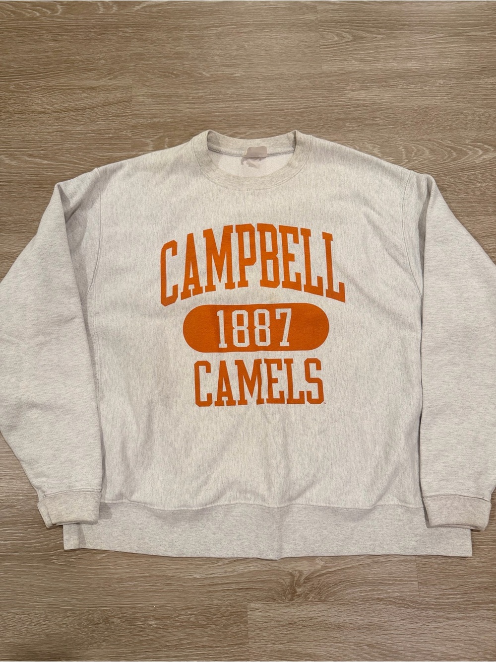 Champion Gray Crewneck Sweatshirt with Orange 'Campbell 1887 Camels' Graphic